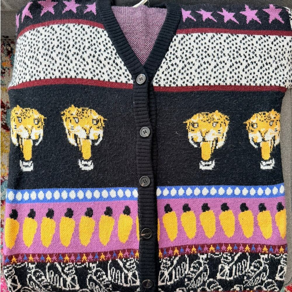 FARM Rio Tiger Banana Oversized Knit Cardigan Sweater Large - Picture 3 of 5